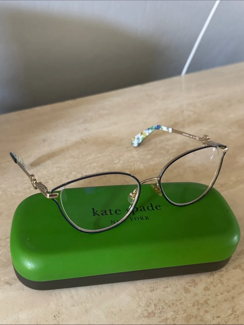 kate spade prescription Gold and Black Cat-Eye Glasses with Floral Temple Tip